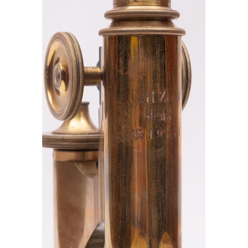 277 - Carl Zeiss Jena. A lacquered brass microscope, serial number 19755, the main tube with coarse/fine a... 