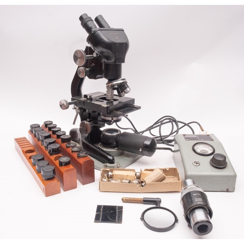 278 - A Watson Barnet Bactil Binocular Microscope, serial number 125694, black frame with rack and pinion ... 