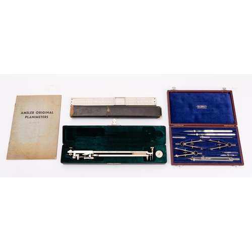 288 - A cased Allbrit geometry set, together with a Swiss planimeter and a slide rule (3)