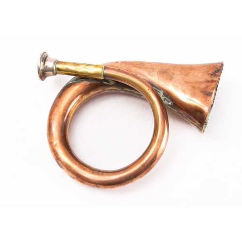 29 - A 19th century copper and brass hunting horn, maker Wigley, London, signed as per title to bell with... 