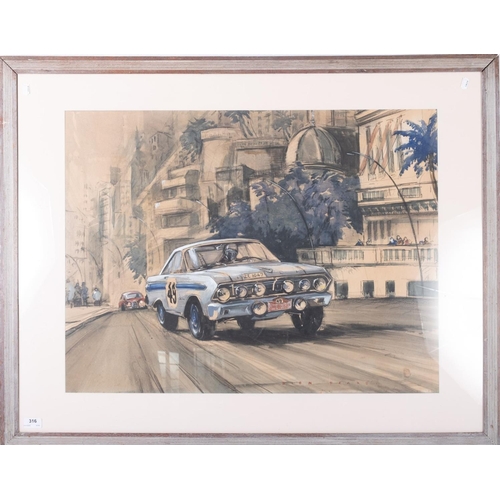 316 - Dion Pears (British, 20th Century) Bo Ljungfeldt's Ford Falcon in the Montecarlo Rally 1964 Pencil a... 