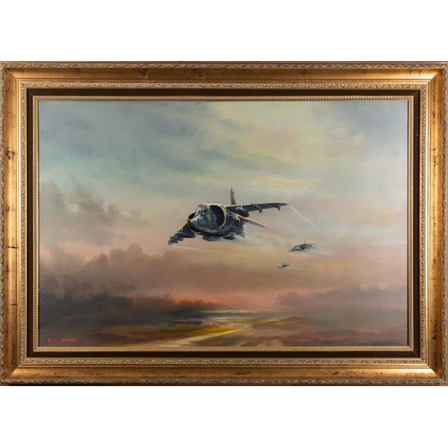 317 - Dion Pears (1929-1985) 'Hawker Harrier Over Falkland Sound, 1982' oil on canvas, signed lower left, ... 