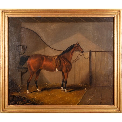 323 - In the manner of William Eddowes Turner (British, 1820-1885) A saddled chestnut hunter in a stable O... 