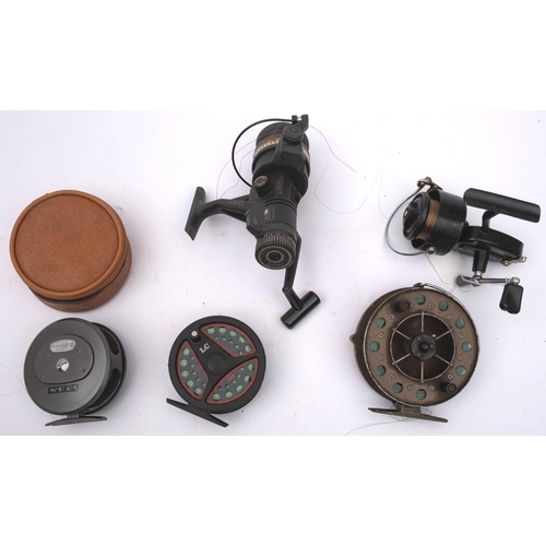 328 - An Intrepid Rimfly King Size fly reel, together with two other fly reels, a Quantum Q6 50 spinning r... 