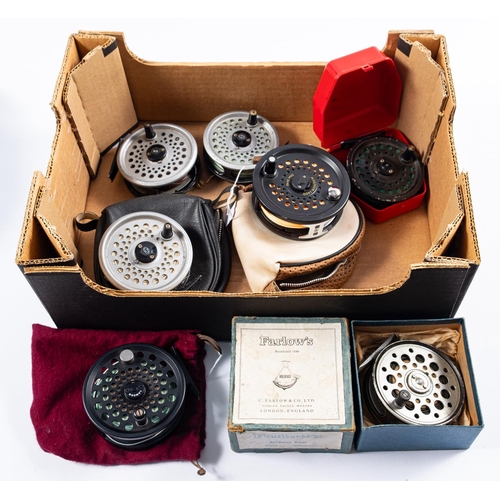 342 - A boxed Farlow's Serpent 3 1/2 inch fly reel, together with a group of six other fly reels, various ... 