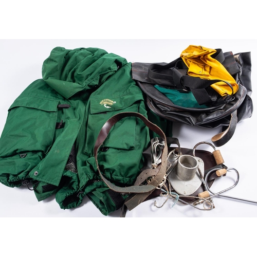 343 - A collection of various fishing tackle and accessories, including a pair of Sims waders, an aluminiu... 