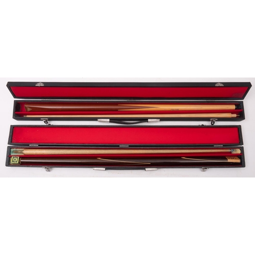 357 - A pair of 20th Century two piece snooker cues one by Riley the other by Lindop Silver Star, cased, (... 