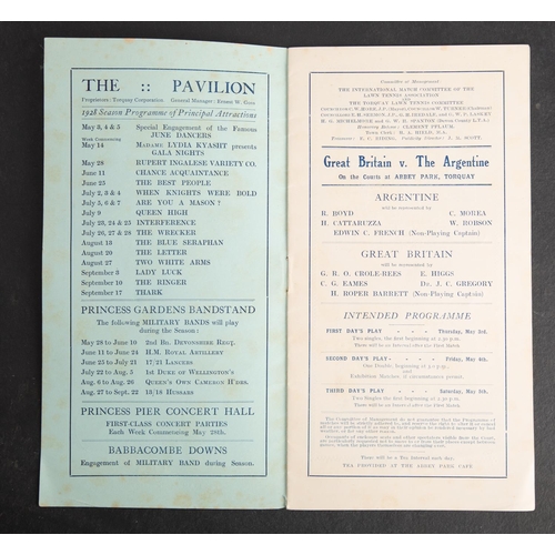 358 - A 1928 International lawn Tennis Championship Davis Cup Programme 'Great Britain Vs the Argentine' A... 