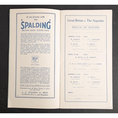 358 - A 1928 International lawn Tennis Championship Davis Cup Programme 'Great Britain Vs the Argentine' A... 