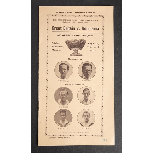 360 - A 1932 International lawn Tennis Championship Davis Cup Programme' Great Britain vs Romania' Abbey P... 