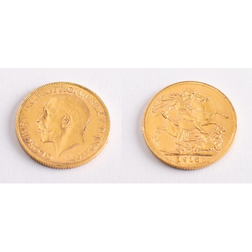 481 - A George V sovereign gold coin, dated 1918, diameter ca. 21.9mms, total weight ca. 7.9gms.