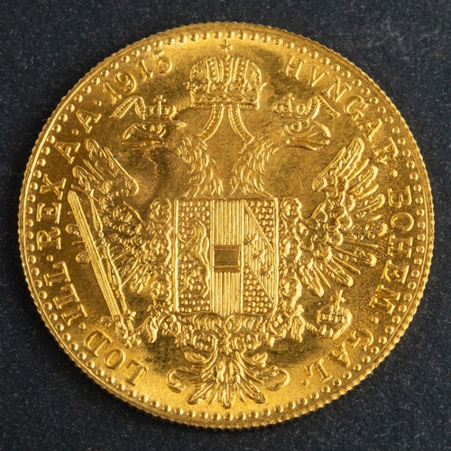 485 - An Austrian 1 Ducat gold coin, dated 1915 (restruck), diameter ca. 20mms, total weight ca. 3.4gms.