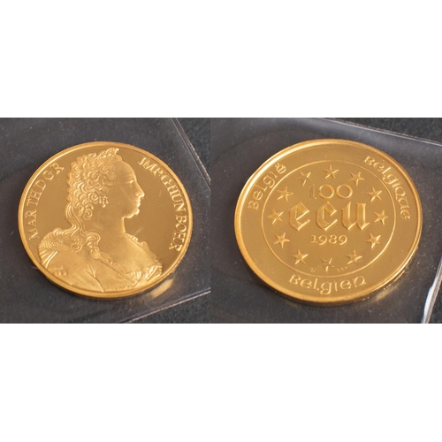 492 - A 'Maria Theresia' 100 ECU Belgian gold coin, dated 1989, diameter ca. 3.7cm, weight (inc plastic ca... 