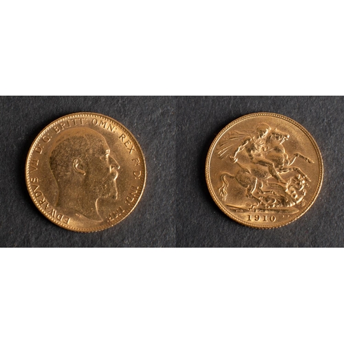 494 - An Edward VII gold Sovereign coin, dated 1910 diameter ca. 22mms, total weight ca. 8gms.