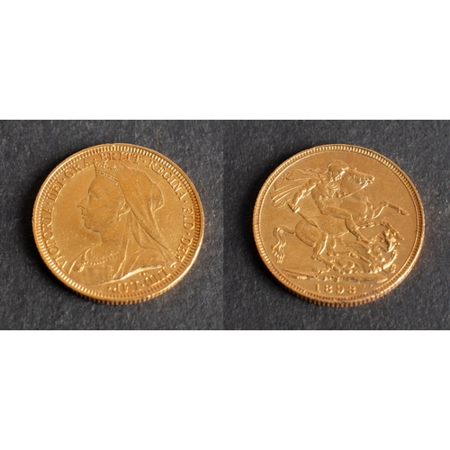 495 - A Victorian gold Sovereign coin, dated 1893, diameter ca. 22mms, total weight ca. 8gms.