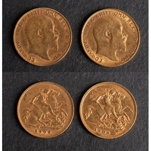 503 - Two Edwardian half sovereign coins, dated 1908 and 1909.