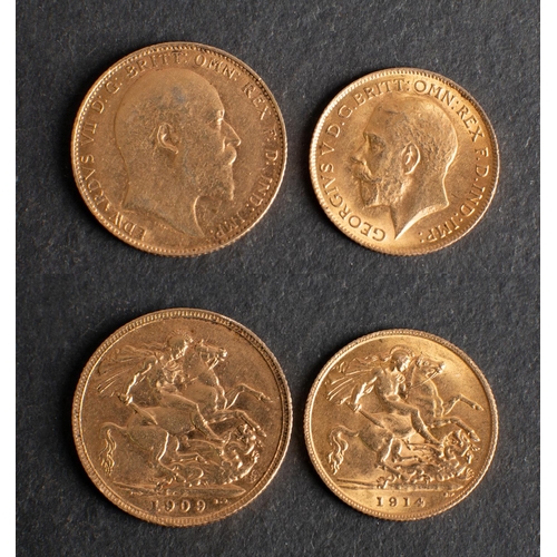 504 - An Edward VII Sovereign dated 1909 and a half sovereign dated 1914 total weight ca. 12gms (2)