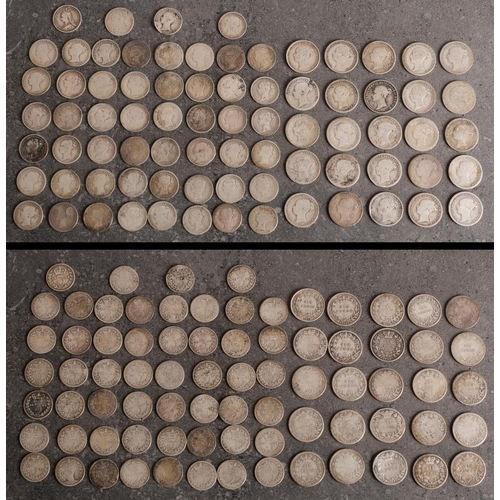 518 - Approximately twenty five Queen Victoria Young Head sixpence with approximately 50 silver 3d.