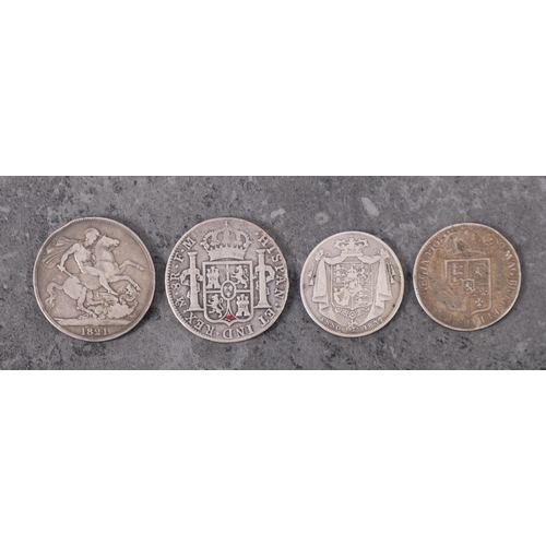 535 - A 1689 half crown, 1837 half crown, 1821 crown and 1791 8 reales.