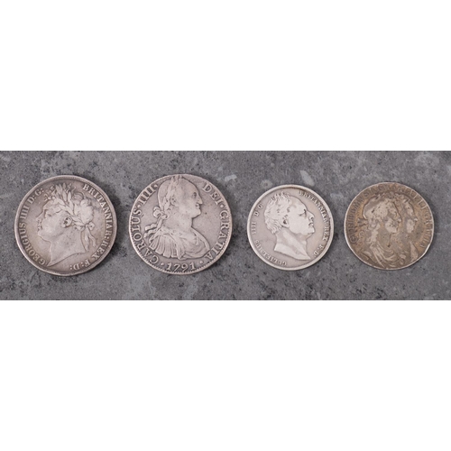 535 - A 1689 half crown, 1837 half crown, 1821 crown and 1791 8 reales.