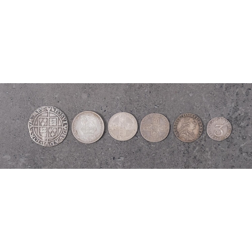 537 - An Elizabeth I shilling, two George II sixpences, 1746 Luna/1757, 1787 sixpence, 1746 threepence, 18... 