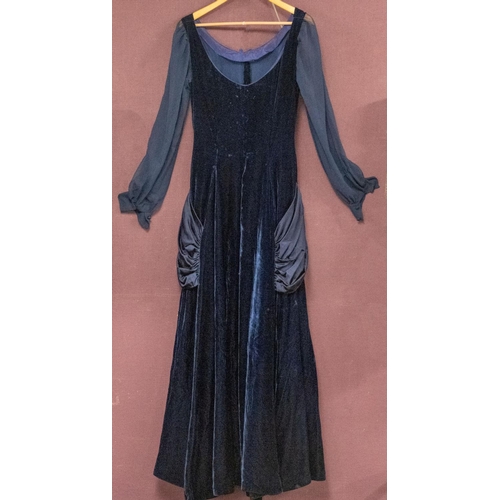 621 - Susan Small, A blue velvet evening dress, with cotton sleeves and pleated silk panel to hips.