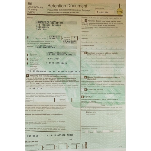 368 - A private number plate 'A7 MDG', V778 form (form only, no physical number plate).