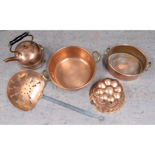 23 - A group of five copper kitchenware items including an early electric kettle.