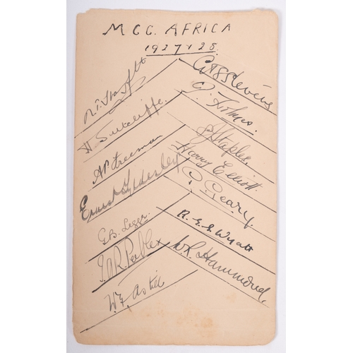 356A - Cricket Interest. An Autograph page of England MCC Africa tour 1927-28 signatures.