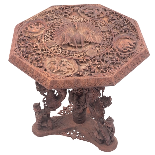 1053 - A South East Asian, probably Burmese carved and stained hardwood occasional table, circa 1900; the p... 