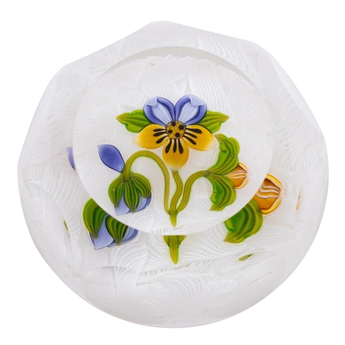 19 - Three Perthshire paperweights comprising a small faceted pansy on a white diced gauze ground, with d... 