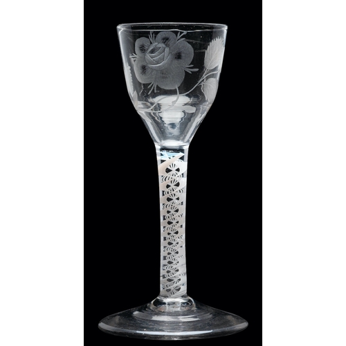 2 - An opaque twist wine glass of Jacobite interest the ogee bowl engraved with an open rose, closed bud... 