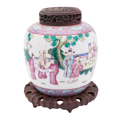 32 - A Chinese famille rose globular jar enamelled with a continuous terrace court scene within turquoise... 