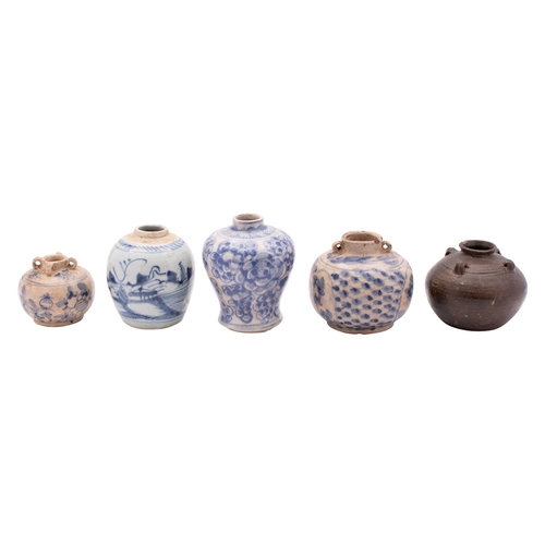 53 - Three small Chinese Swatow blue and white jars, a later jar and a Thai black glazed jar three with l... 