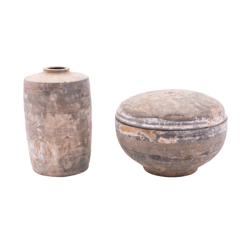 71 - A Chinese Neolithic grey pottery bowl and cover and a similar jar both painted with scrollwork, 17 a... 