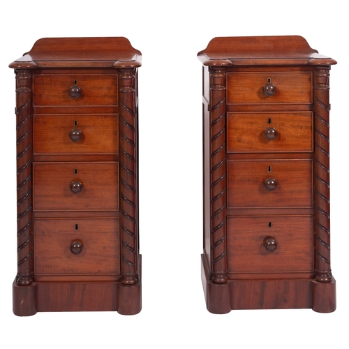 921 - A pair of Victorian mahogany bedside cabinets, circa 1875; the tops with raised backs and ovolo moul... 