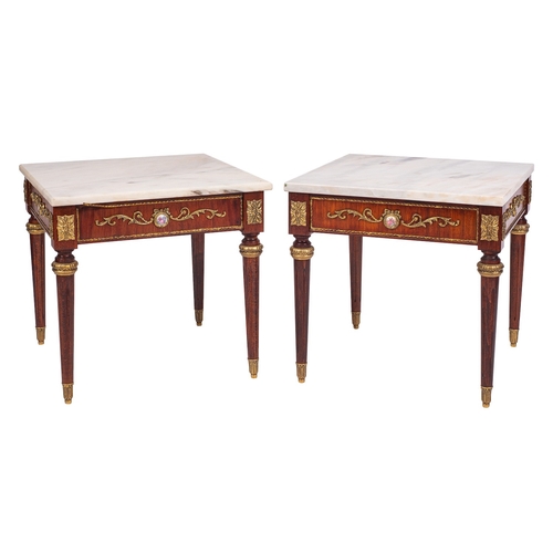 934 - A pair of marble-topped mahogany occasional tables in French 18th century taste, modern; the square ... 