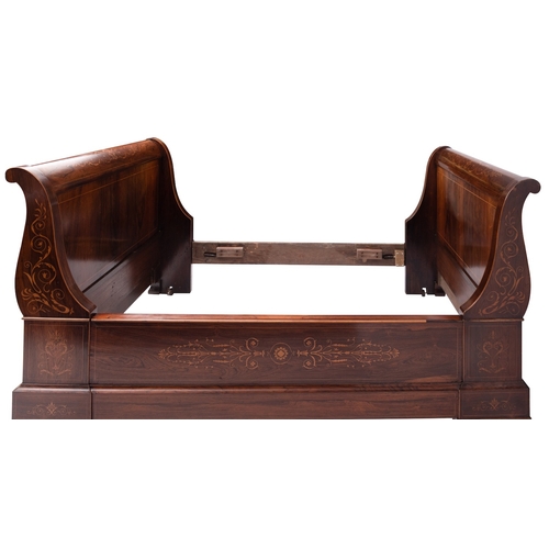 935 - A rosewood and marquetry lit en bateau, mid 19th century; the outscrolled ends and sides decorated w... 