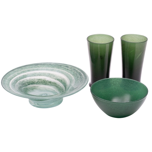 101 - A group of green glass, comprising a bowl attributed to Ysart of shallow footed form with green spir... 