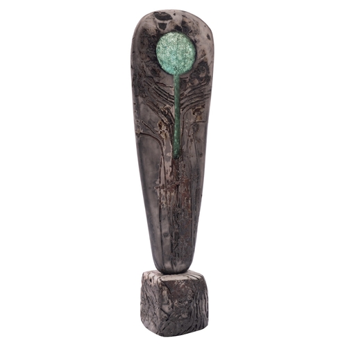 109 - *Peter Hayes [b. 1946], a raku fired stoneware sculpture, of textured totemic form with green resin ... 