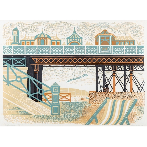 163 - Peter Wickham (British,1934-2009) Brighton Beach II Linocut 39.5 x 54.5cm Signed lower right,, dated... 