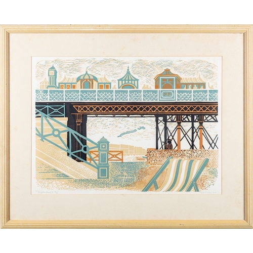 163 - Peter Wickham (British,1934-2009) Brighton Beach II Linocut 39.5 x 54.5cm Signed lower right,, dated... 