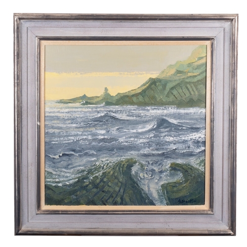 217 - *Alan Cotton (British b. 1936)  Hartland, Stormy Seas at Pulpit Rock Oil on canvas 51 x 51cm Signed ... 