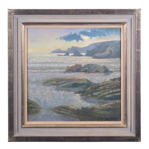 218 - *Alan Cotton (British b. 1936)   Hartland, Calm Waters Oil on canvas 36 x 36cm Signed lower right  P... 