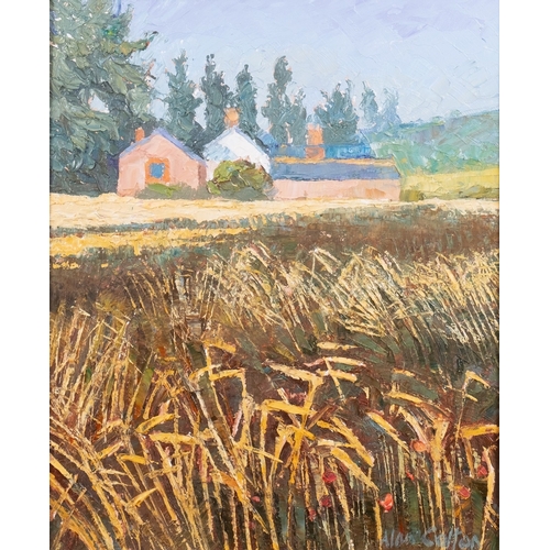 219 - *Alan Cotton (British b. 1936)   Devon - Wheatfields at South Farm Oil on canvas 30 x 24cm Signed lo... 