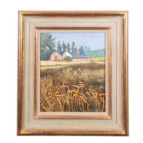 219 - *Alan Cotton (British b. 1936)   Devon - Wheatfields at South Farm Oil on canvas 30 x 24cm Signed lo... 