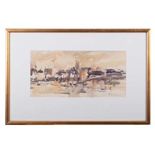 229 - Matt Bruce (British, 1915-2000) A riverside village Watercolour 17 x 35cm Signed lower right