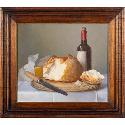 252 - Gerald Norden (British,1912-2000) Still life with wine and cheese Oil on canvas 30 x 34.5cm Signed l... 