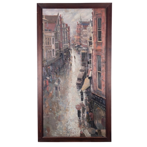 254 - British School, 20th Century Exeter High Street looking West  Oil on board 120 x 59 cm Painted in th... 