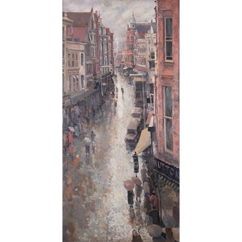 254 - British School, 20th Century Exeter High Street looking West  Oil on board 120 x 59 cm Painted in th... 